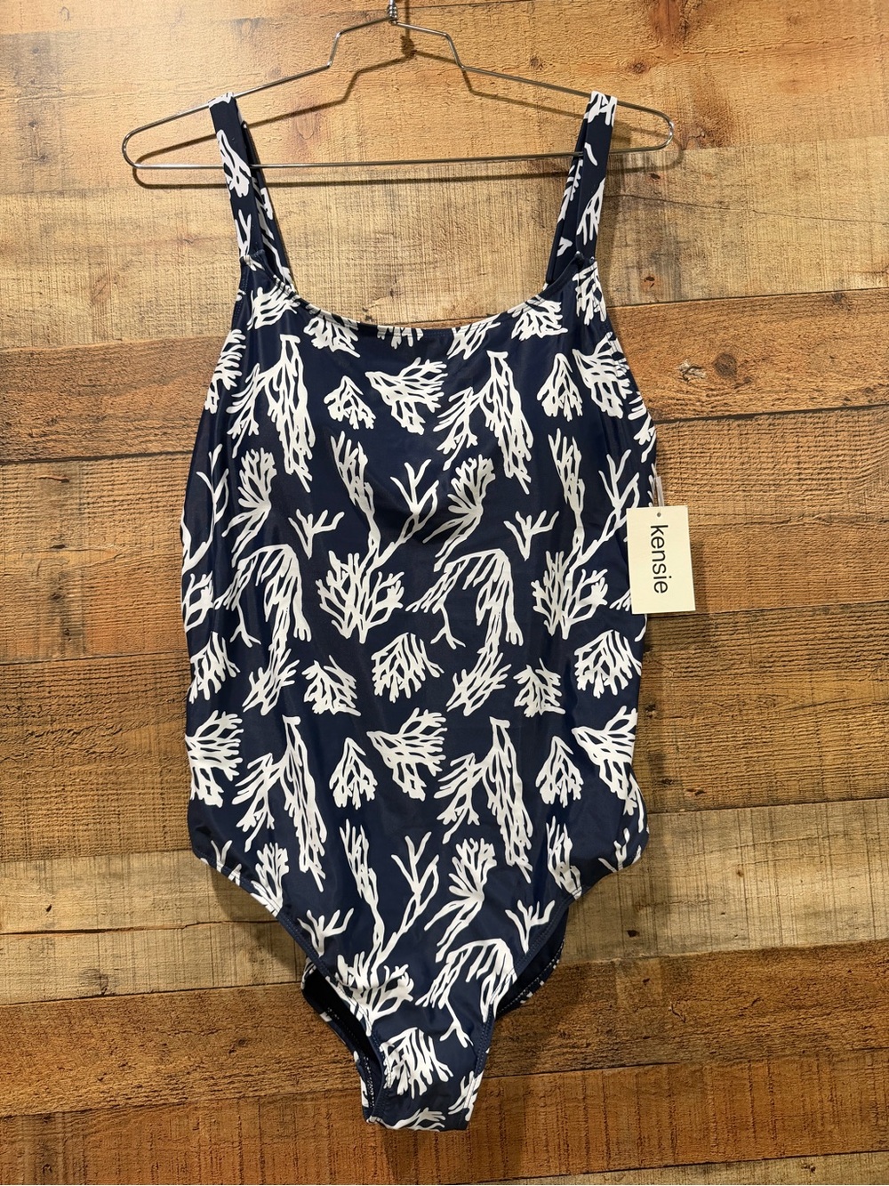 Kensie Navy One-Piece Swimsuit with White Coral Print Size 1X